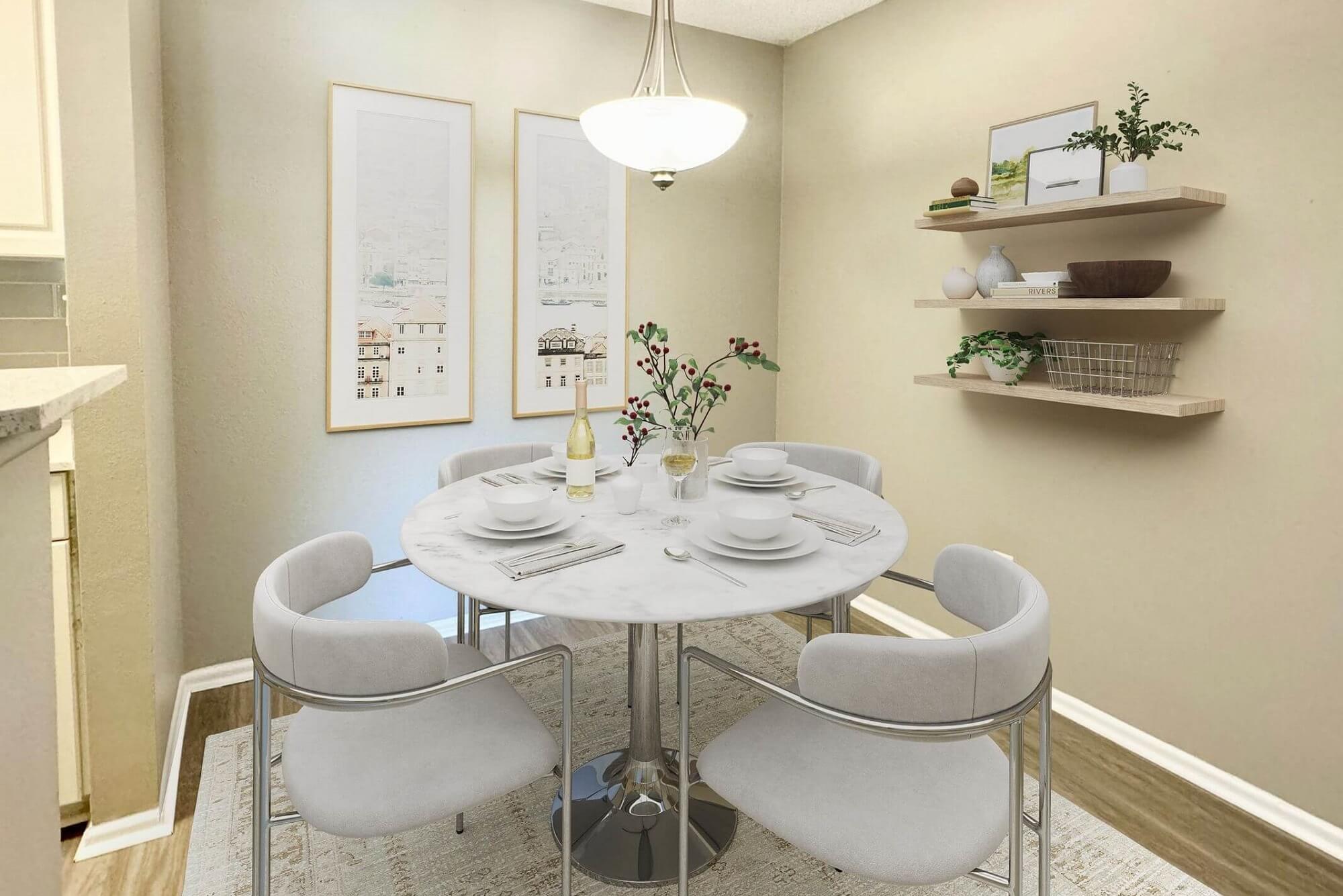 dining room with wood-style flooring, designer lighting, dining table with silverware, and mounted shelves on wall.