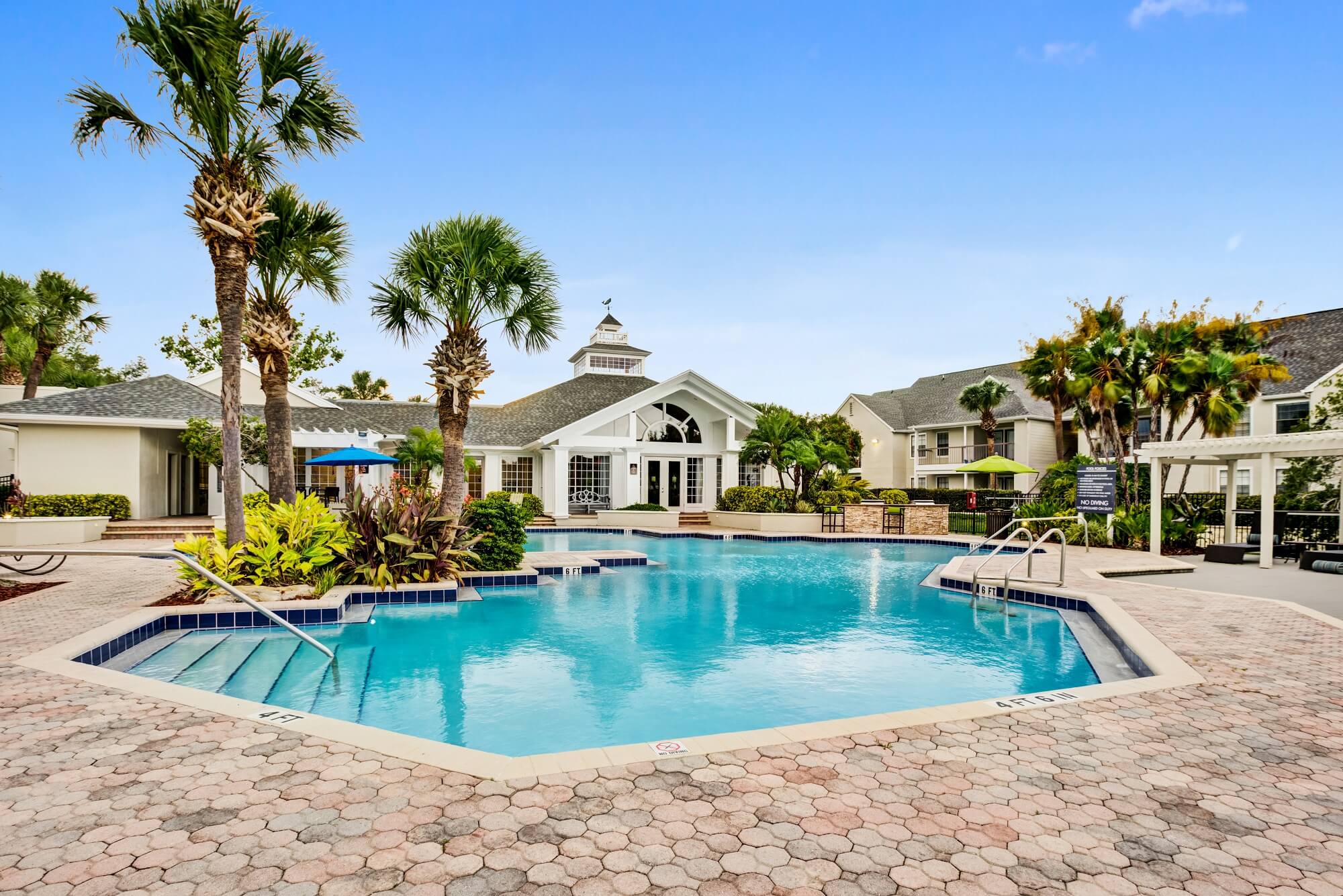 side view of large pool with palm trees and view of clubhouse.