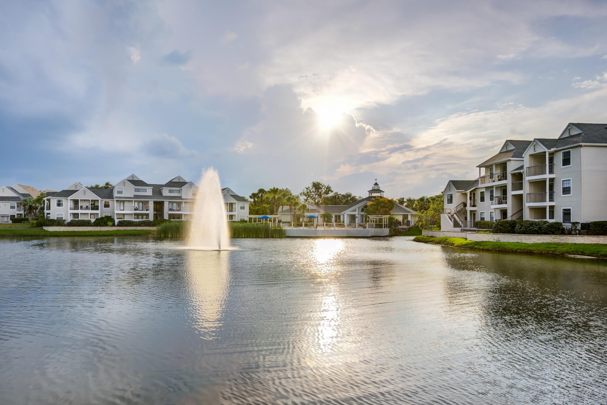 evening view of the lake with fountain.
